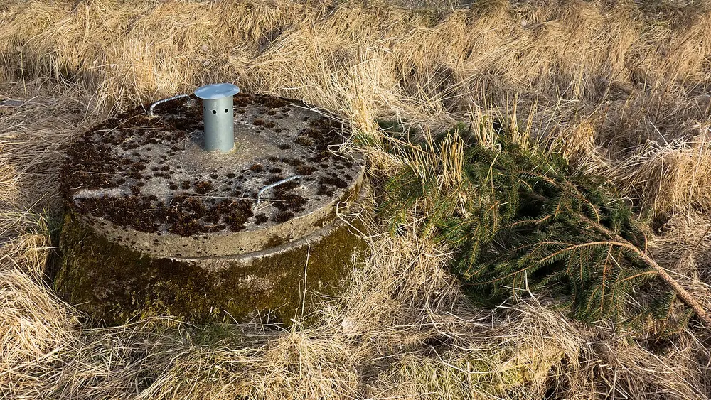 Ronde betonnen deksel met mosplekken en een metalen ontluchtingspijpje, half verscholen in droog, geel gras naast een afgebroken sparrentak